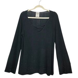 Vocal Made in USA Knit Criss Cross V Neck Crystal Bling Black Tunic Top L